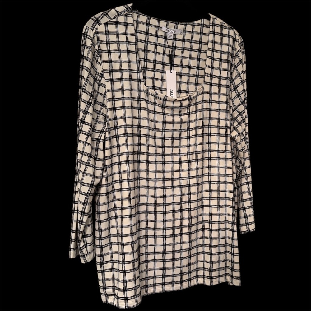 Chicos Size 3 Black & Cream Grid Pattern Square-Neck Lined Shirt, 3/4 Sleeve NWT